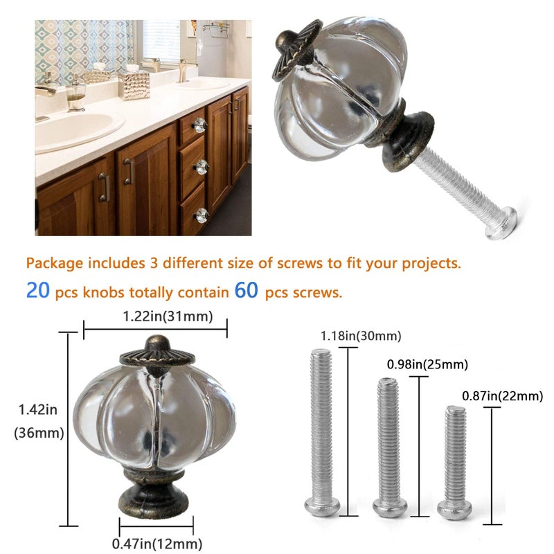 Perphin Acrylic Cabinet Knobs, 20 Pack Clear Pumpkin Antique Dresser Pulls with 3 Sized Screws for Closet, Kids Room, Drawers, Dresser, Kitchen Furniture Vintage Handles Pulls, Set of 20 - Image 2